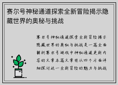 赛尔号神秘通道探索全新冒险揭示隐藏世界的奥秘与挑战